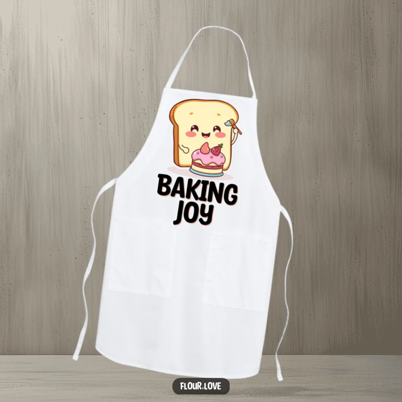 Funny smiling bread slice character frosting a cake, a sweet and humorous kitchen apron design.