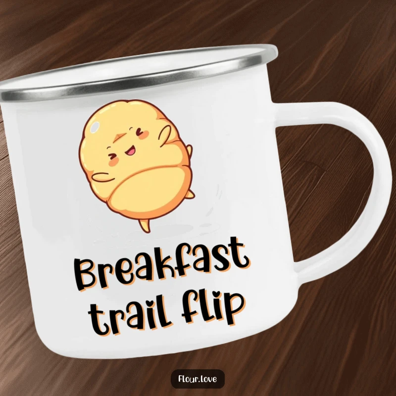 Funny croissant character doing a cartwheel in a camping setting, powdered sugar adding a touch of magic, a humorous mug.