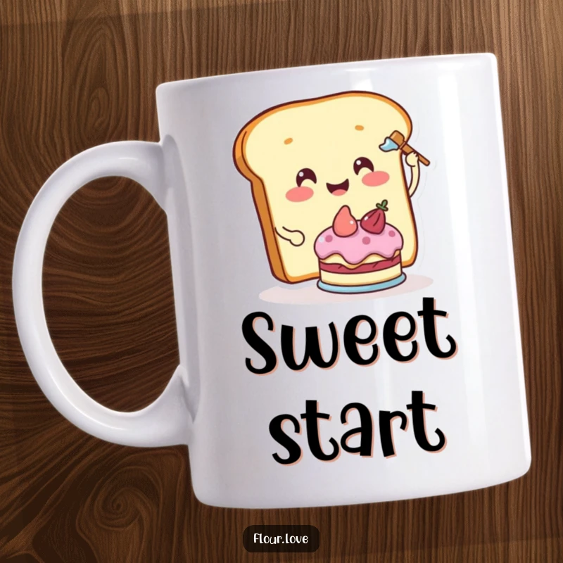 Funny smiling slice of bread character happily frosting a miniature cake, representing baking joy and humor on a mug.