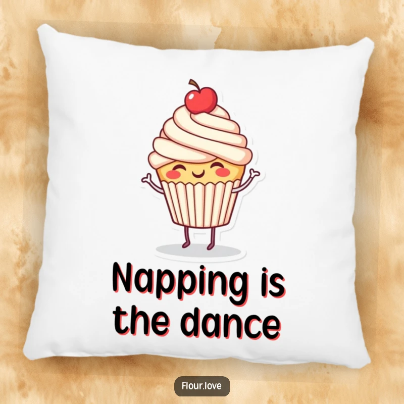 Funny giggling cupcake character dancing with a cherry on top, a soft and humorous throw pillow for sweet comfort.