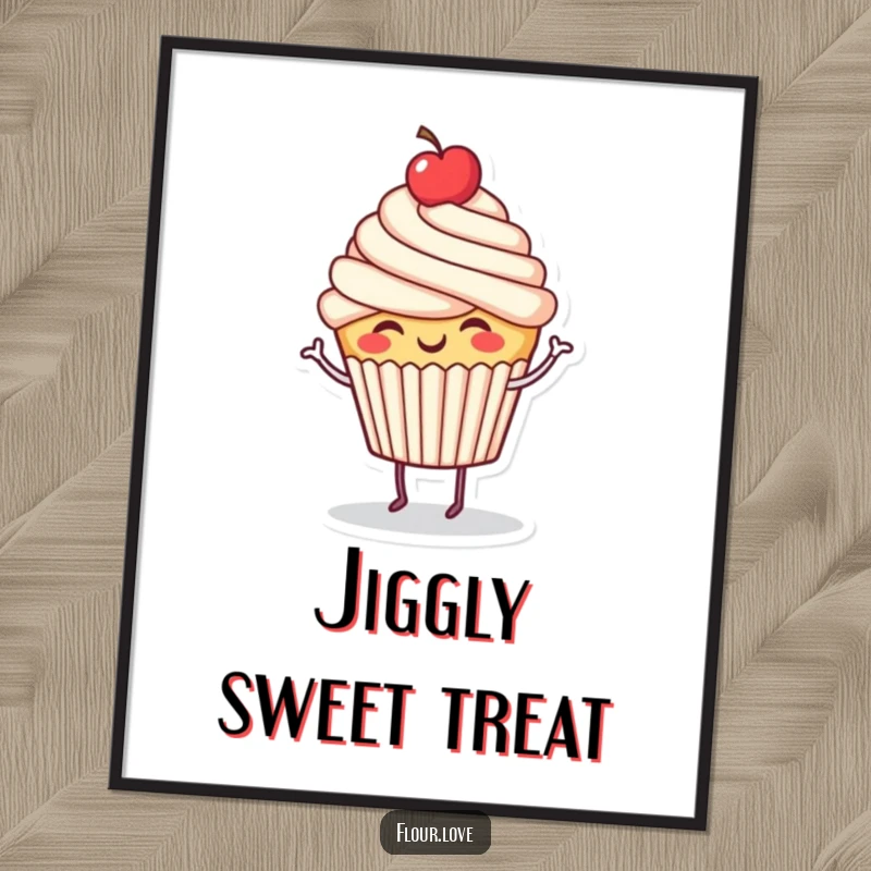 Funny giggling cupcake character dancing with a cherry on top, a high-resolution digital art print for instant whimsical decor.