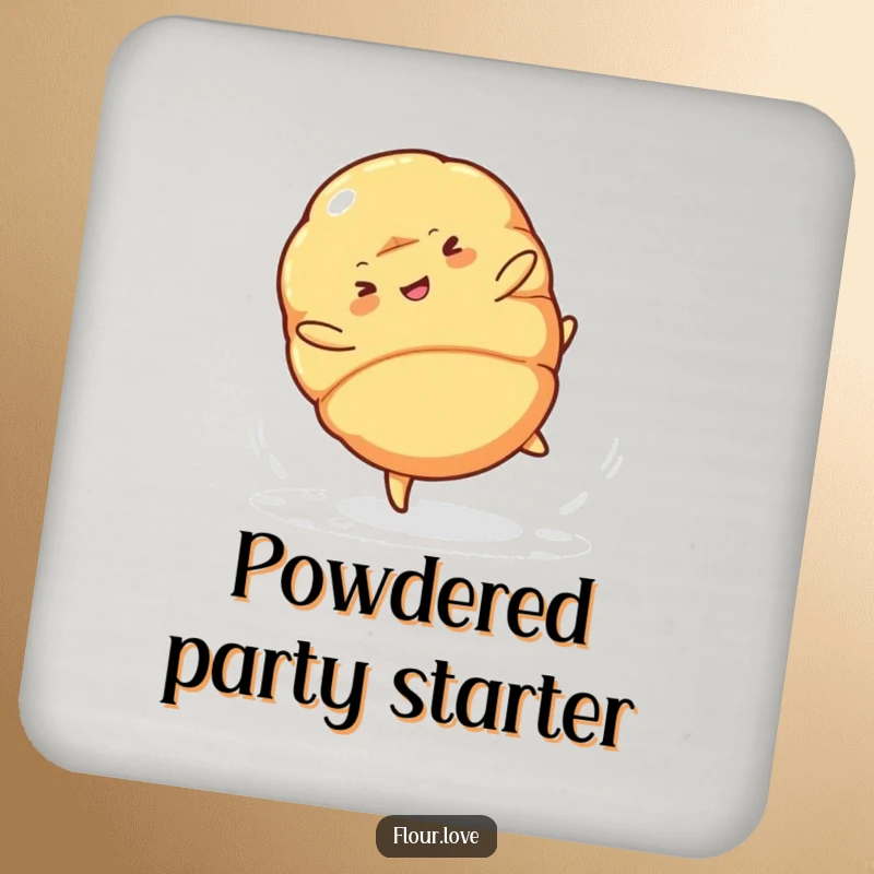 Funny croissant character performing a cartwheel, powdered sugar falling, a set of humorous drink coasters.