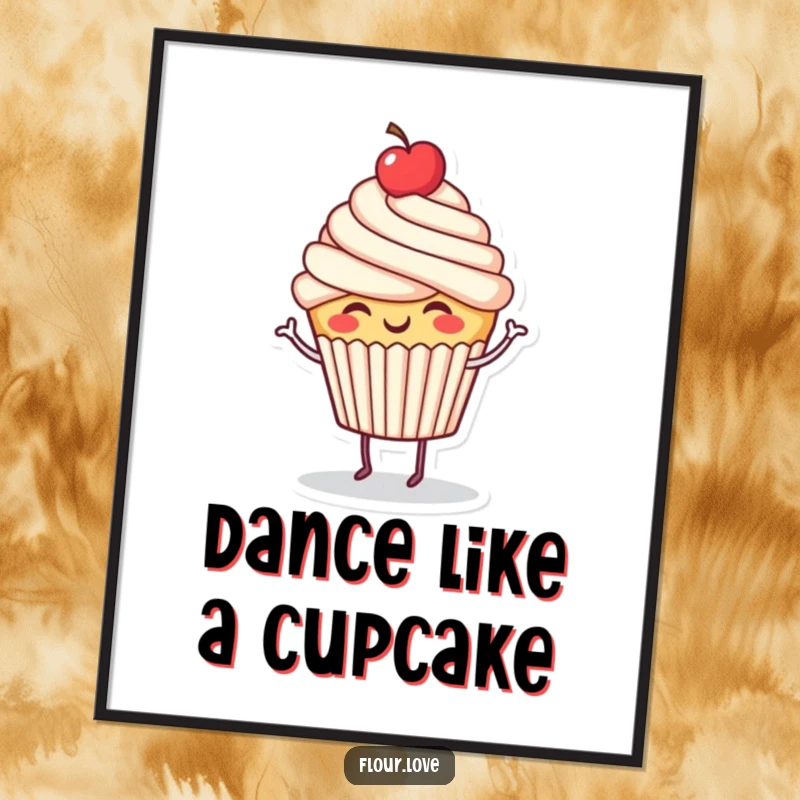 Funny giggling cupcake character dancing with a cherry on top, a whimsical and humorous poster for kitchen or party decor.