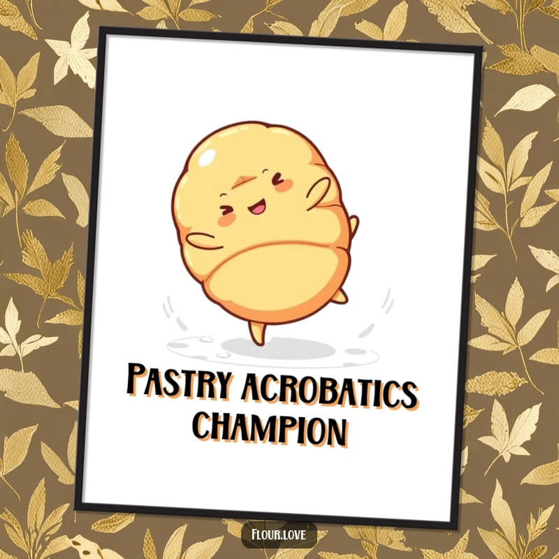 Funny croissant character in mid-cartwheel, powdered sugar raining down, a whimsical and humorous poster for wall decor.