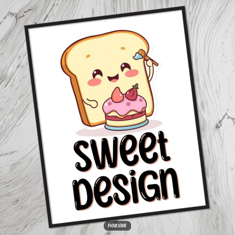 Funny smiling bread slice character frosting a small cake, sweet and humorous illustration for wall art.