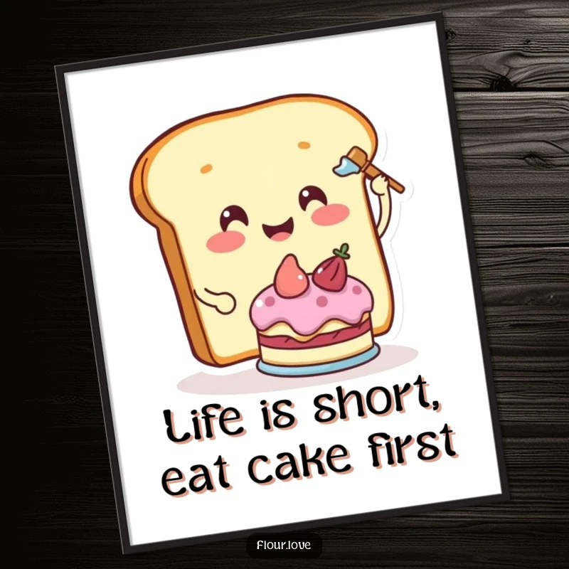 Funny Free Printable Wall Art: A smiling bread slice character happily frosting a miniature cake, adding sweet charm to decor.