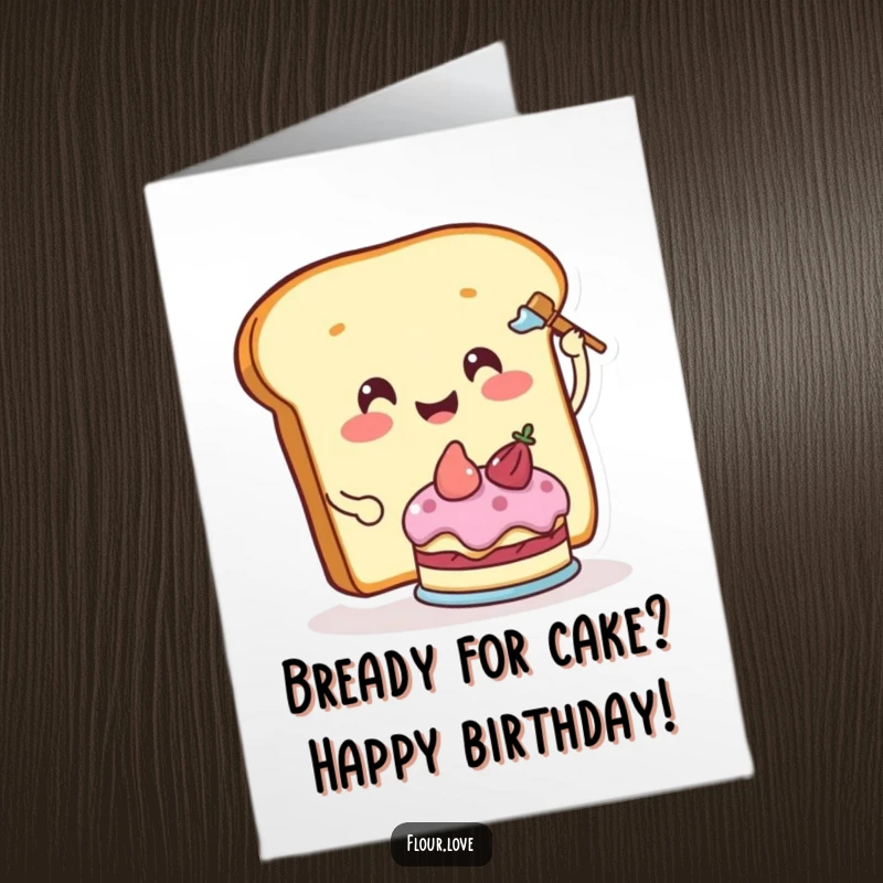 Funny Free Printable Birthday Card: Smiling bread slice character happily frosting a tiny cake, wishing a sweet birthday.