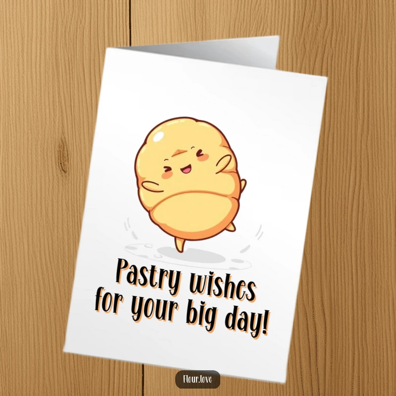 Funny Free Printable Birthday Card: A whimsical croissant character cartwheeling with powdered sugar, perfect for a chuckle.