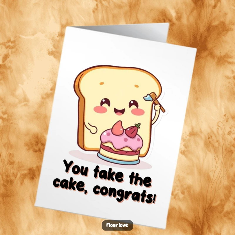 Funny Free Printable Congratulations Card: A smiling bread slice character happily frosting a miniature cake, celebrating success.
