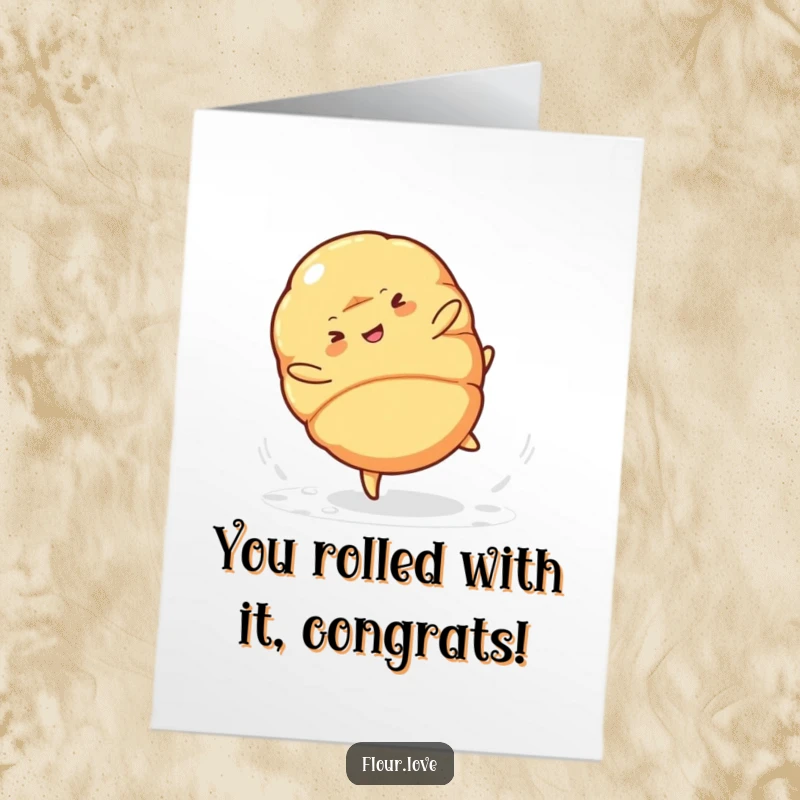 Funny Free Printable Congratulations Card: A cheerful croissant character doing a cartwheel, showering powdered sugar for a funny message.
