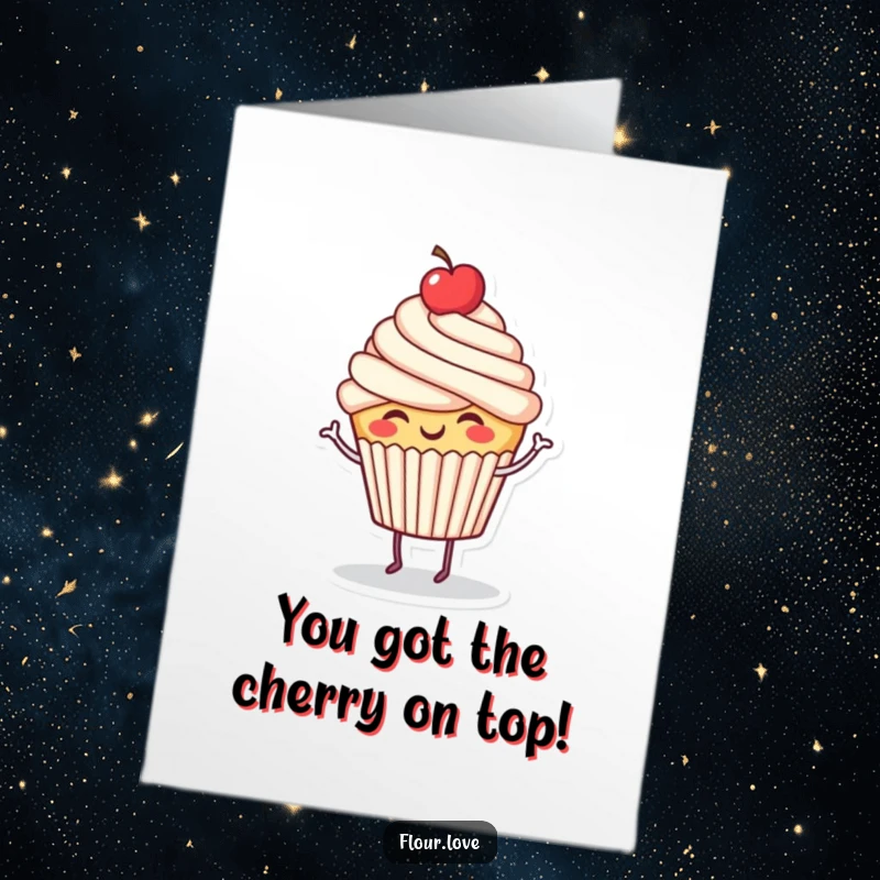 Funny Free Printable Congratulations Card: A giggling cupcake with a cherry on top dances joyfully, celebrating a sweet achievement.