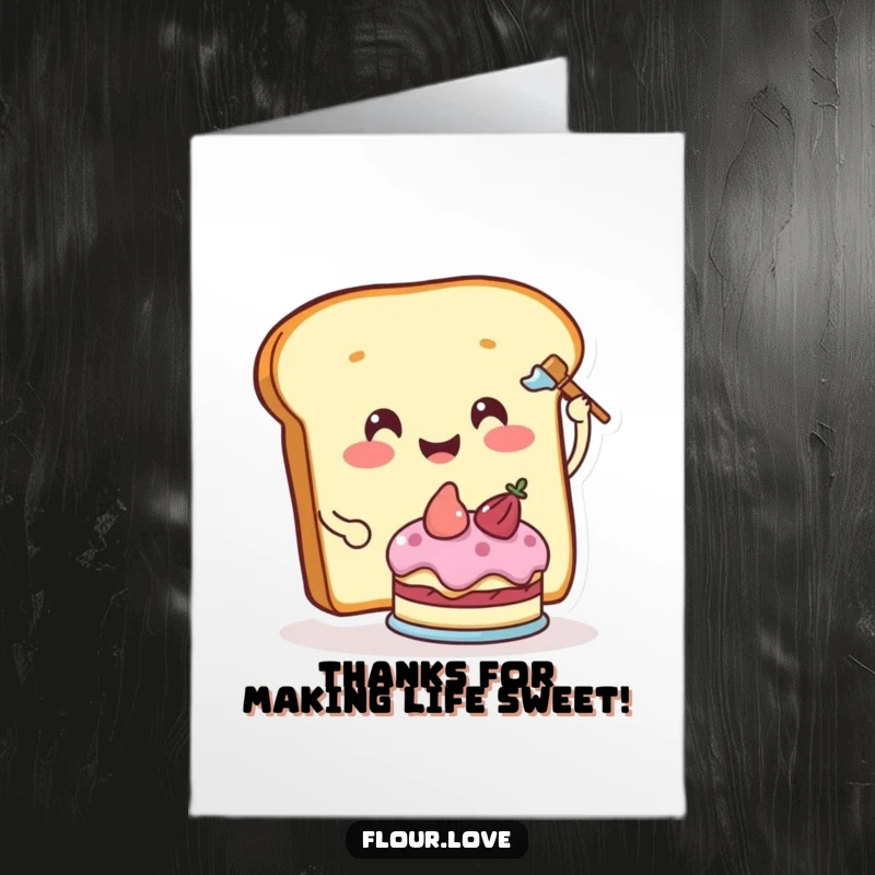 Funny Free Printable Thank You Card: A smiling bread slice character happily frosting a miniature cake, sending thanks.
