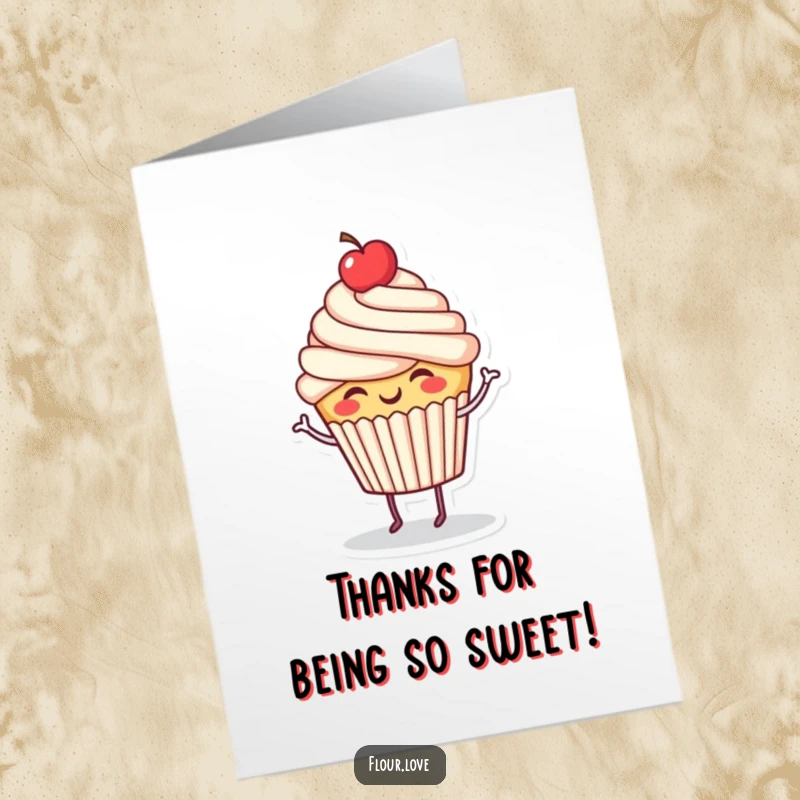 Funny Free Printable Thank You Card: A giggling cupcake character with a cherry on top dances happily, conveying a sweet thank you.