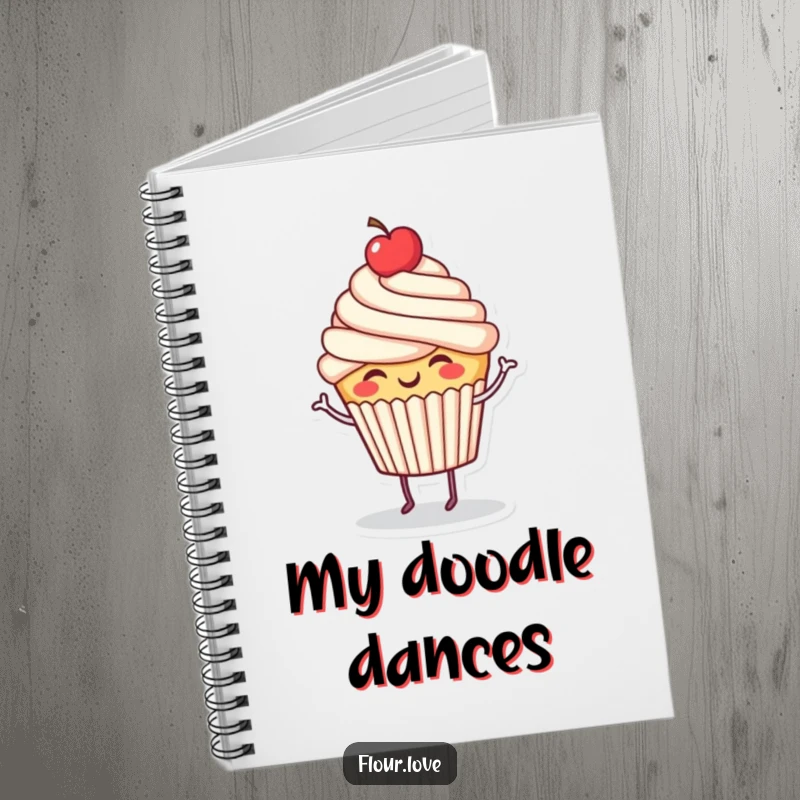 Funny giggling cupcake character dancing with a cherry on top, a humorous notebook for capturing ideas and recipes.