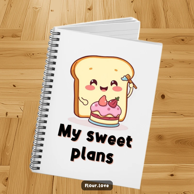 Funny smiling slice of bread character frosting a miniature cake, a sweet and humorous notebook cover design.