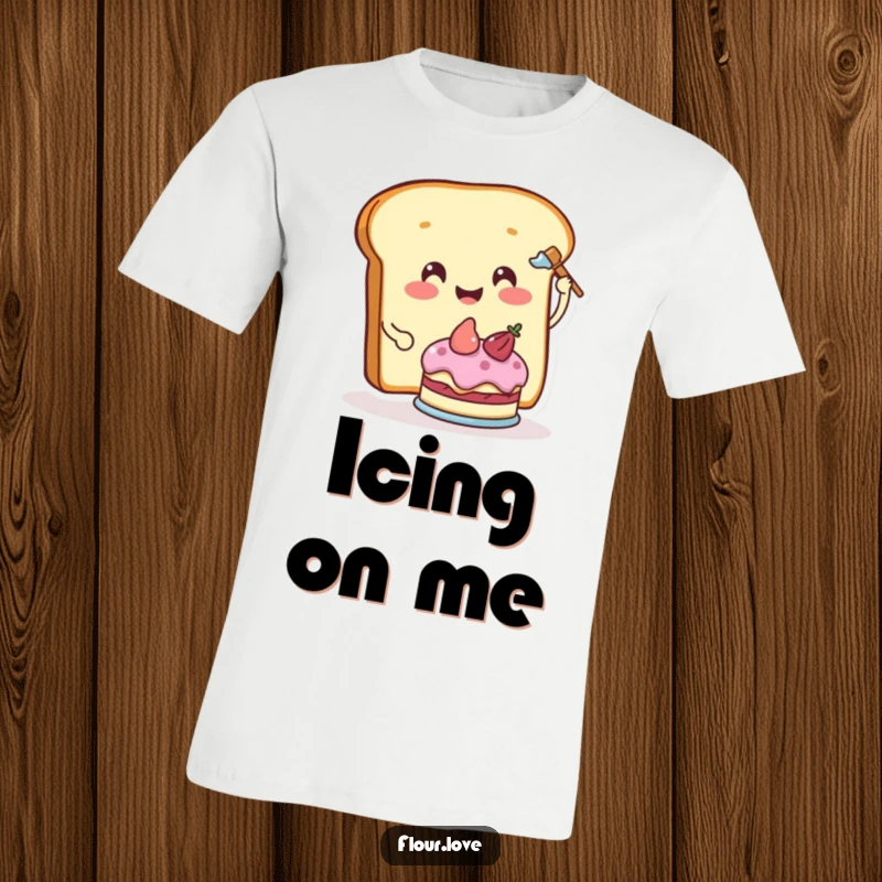 Funny smiling bread slice character frosting a small cake, a cheerful and humorous design on a t-shirt.