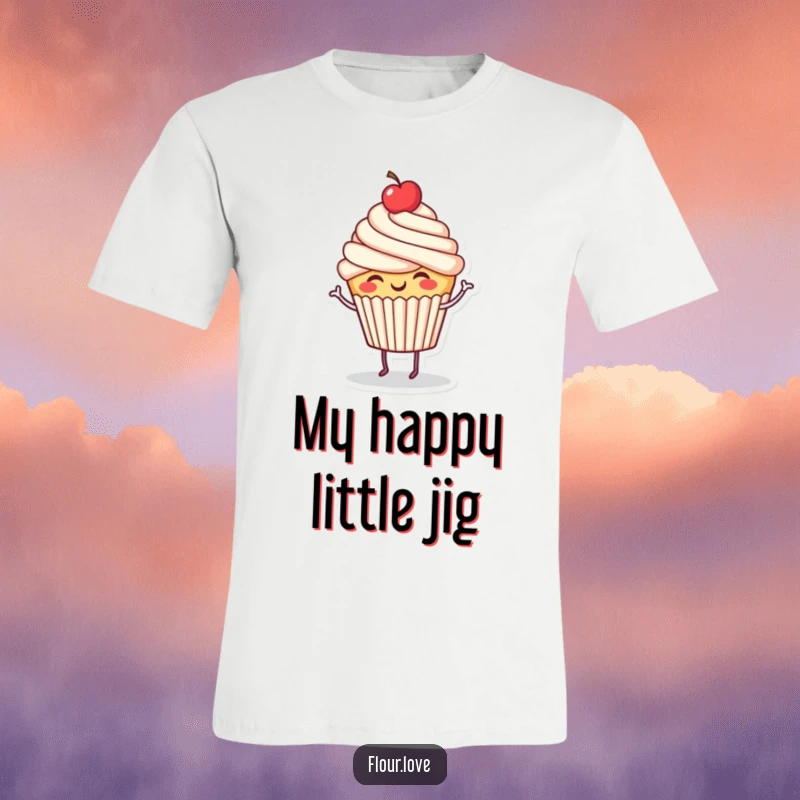 Funny giggling cupcake character doing a happy dance, cherry on top, a whimsical and humorous graphic tee.