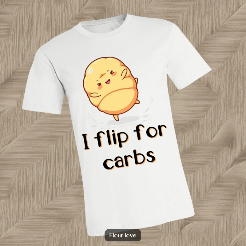 Funny croissant character mid-cartwheel, showering powdered sugar, a delightful and humorous graphic tee.