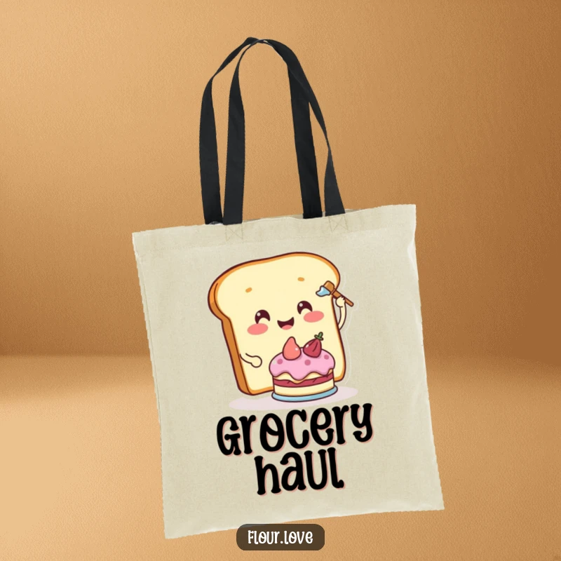 Funny smiling bread slice character frosting a cake, a sweet and humorous design on a practical tote bag.