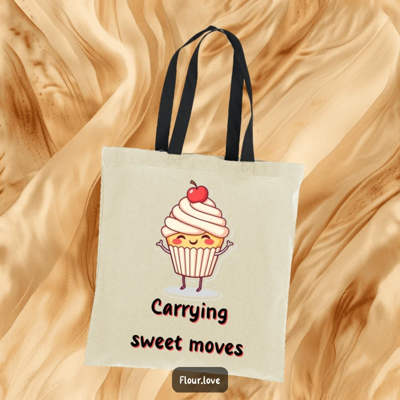 Funny giggling cupcake character dancing with a cherry on top, a vibrant and humorous tote bag for everyday use.